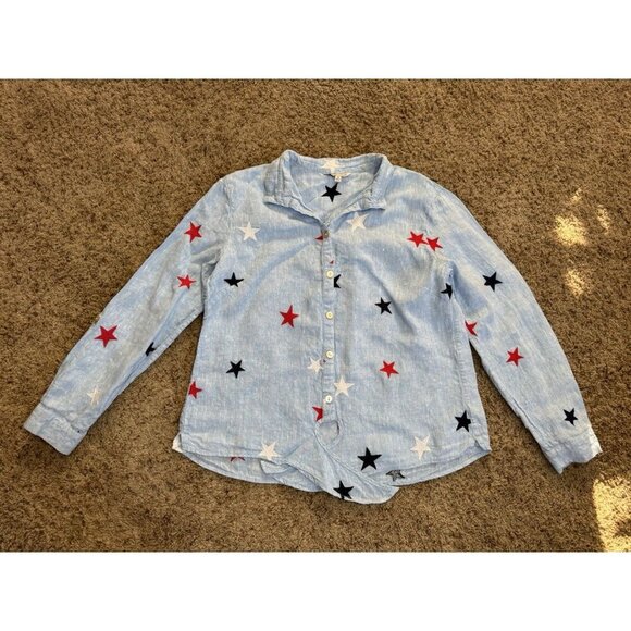 JOHN MARK 100% Linen Embroidered Navy Red White Stars Button Front Knot Boho S - Picture 1 of 9